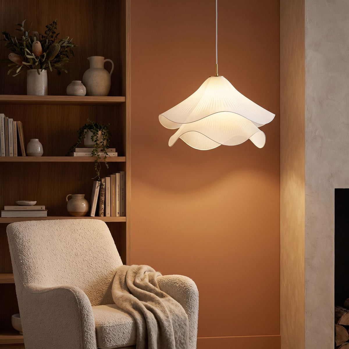 Tiered Pleated Fabric Pendant Light seen in a wider evening interior