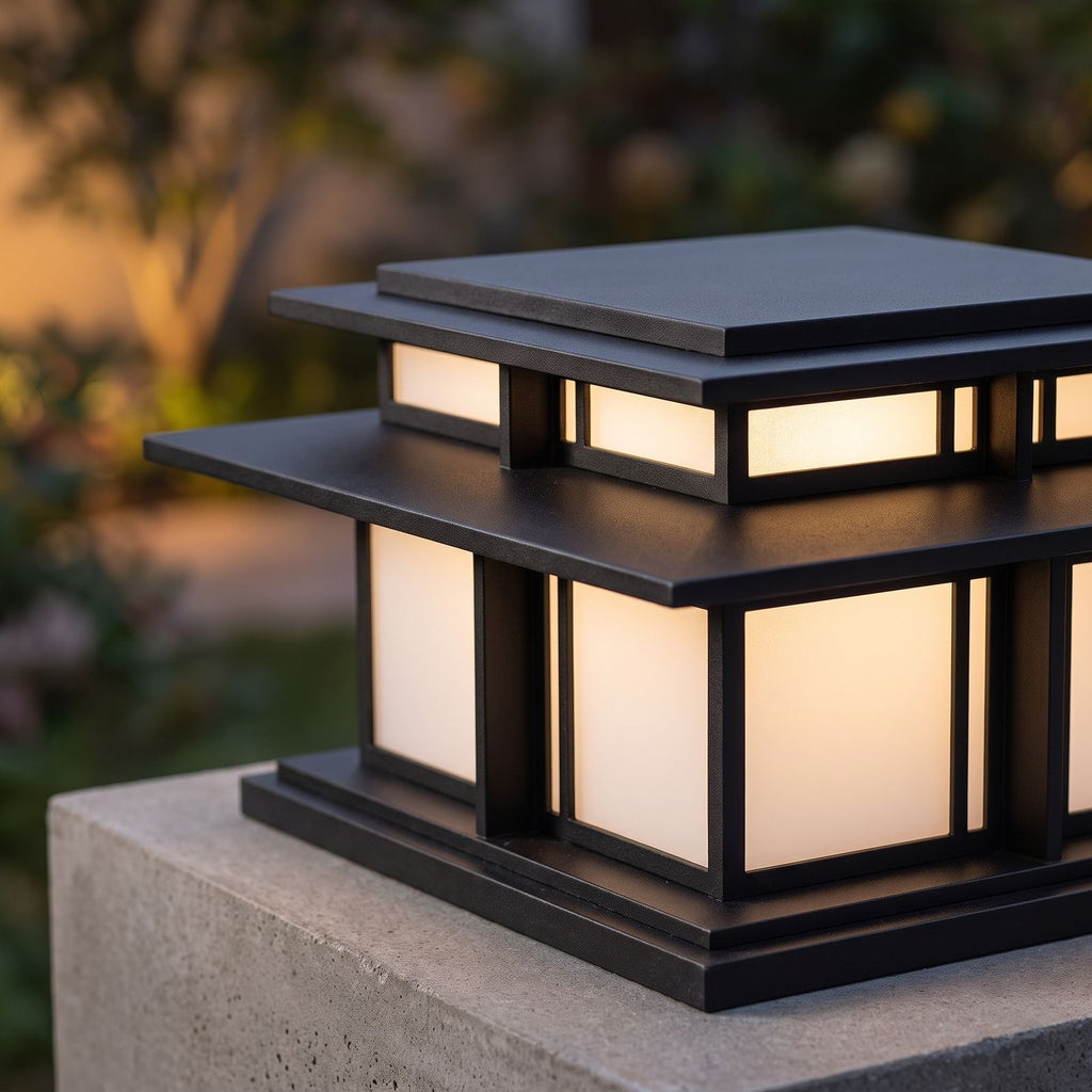 Tiered Roof Black Metal Frosted Acrylic Pillar Light: close-up of the materials and finish