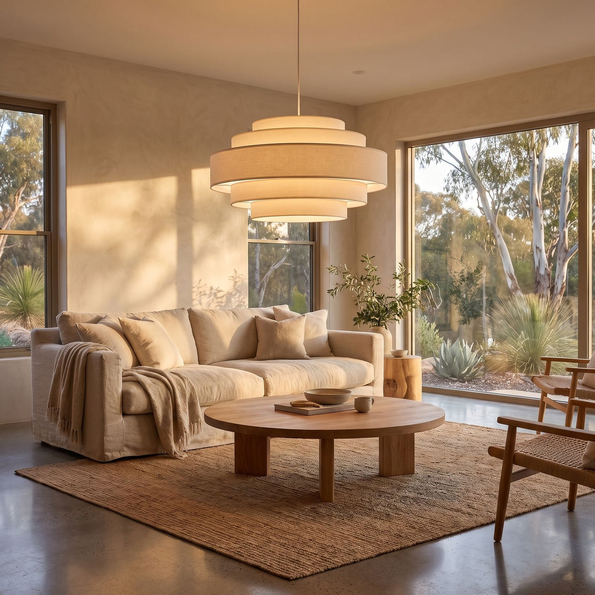 Tiered white drum LED pendant light in a wide living room view