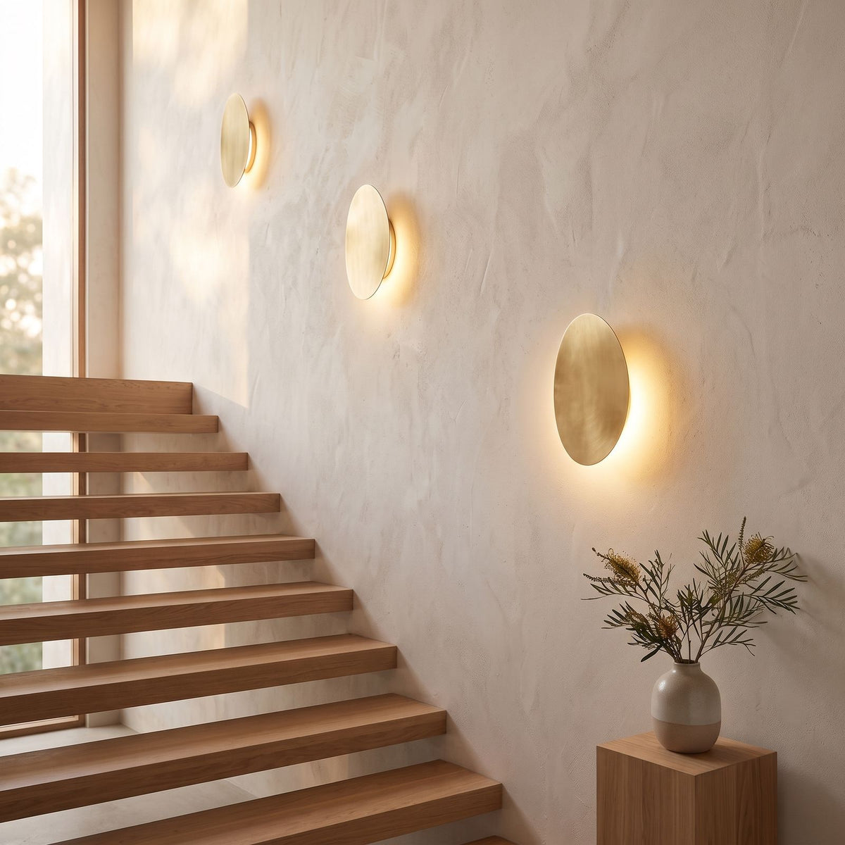 Tilted pebble backlit LED wall light along a stairwell, wide view