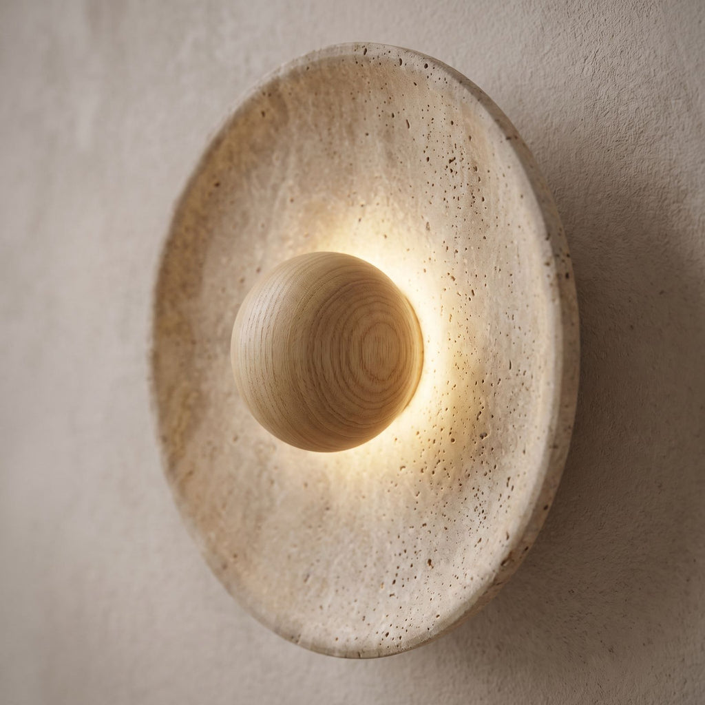 Timber Shade Travertine Wall Light, close view at 45 degrees on a plaster wall