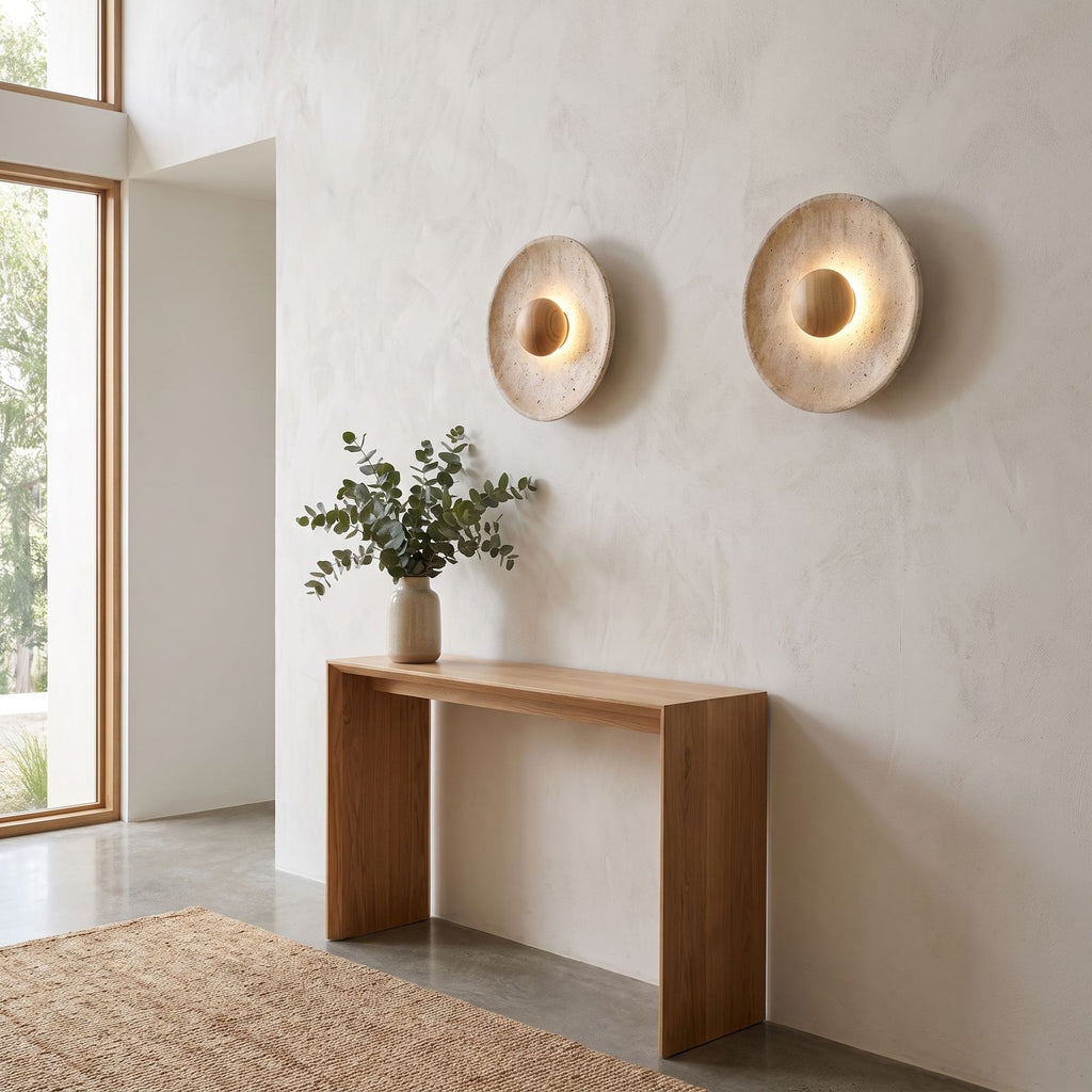 Timber Shade Travertine Wall Light in a pair on a wall of an Australian home