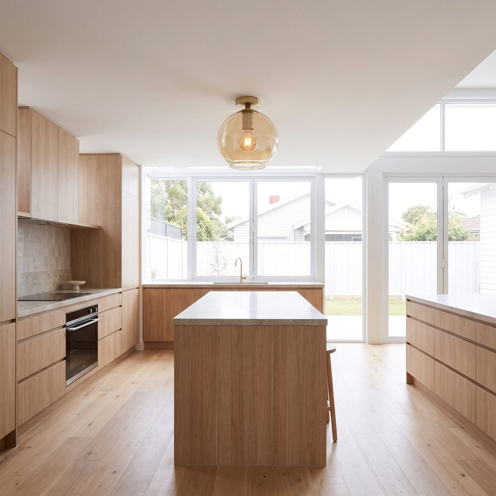 Tinted glass bowl semi-flush ceiling light in a wide hallway view