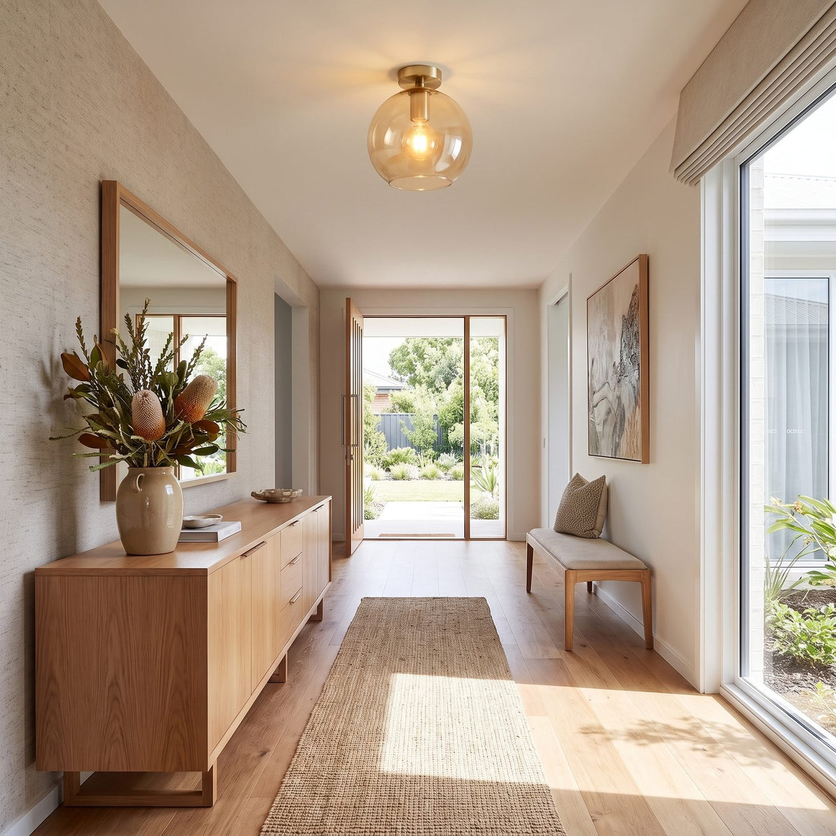 Tinted glass bowl semi-flush ceiling light in a dressing area in daylight