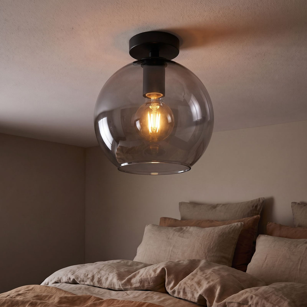 Tinted Glass Bowl Semi-Flush Ceiling Light in smoky grey glass on a bedroom ceiling