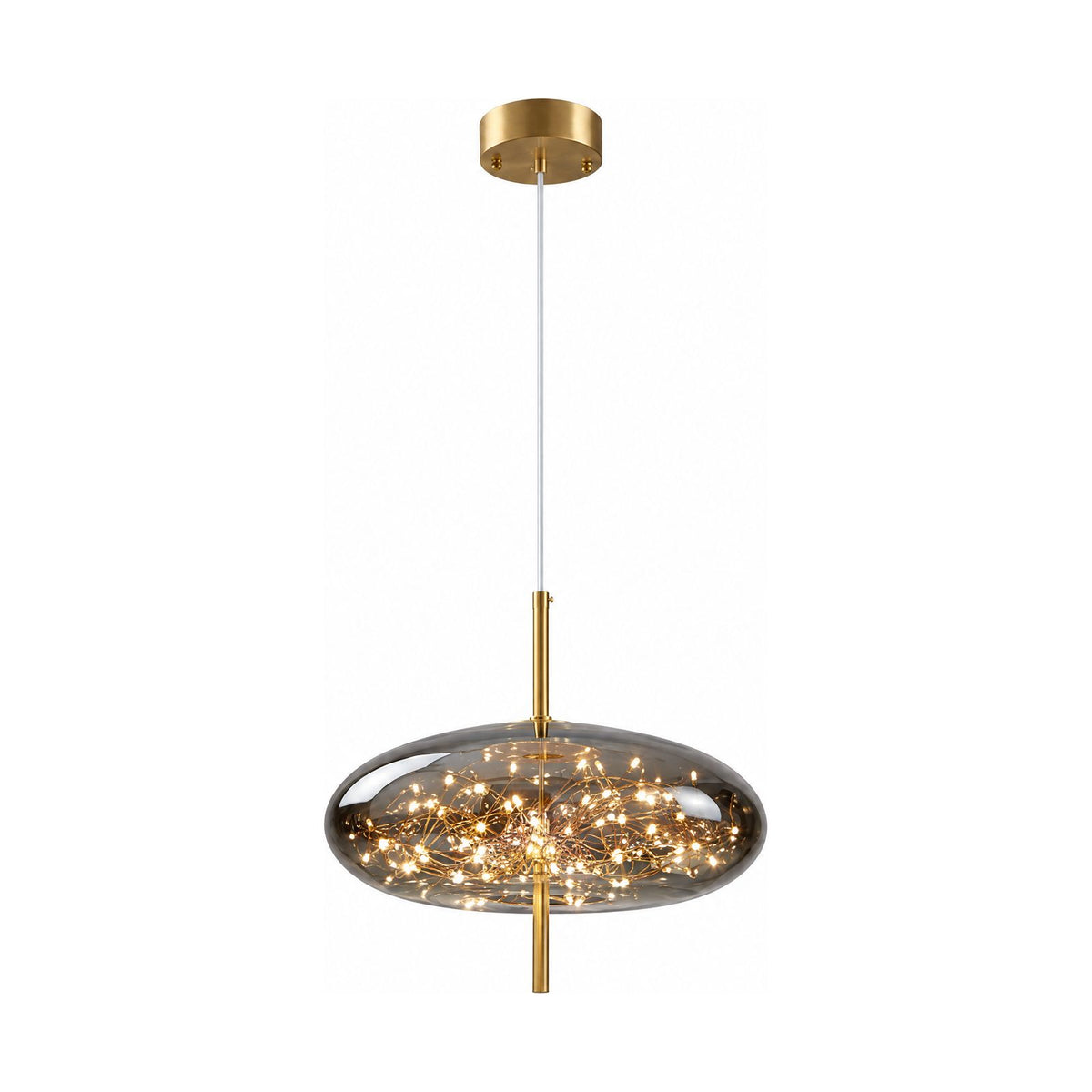 Tinted Glass Capsule and Globe Pendant Light in smoked grey glass on a white background