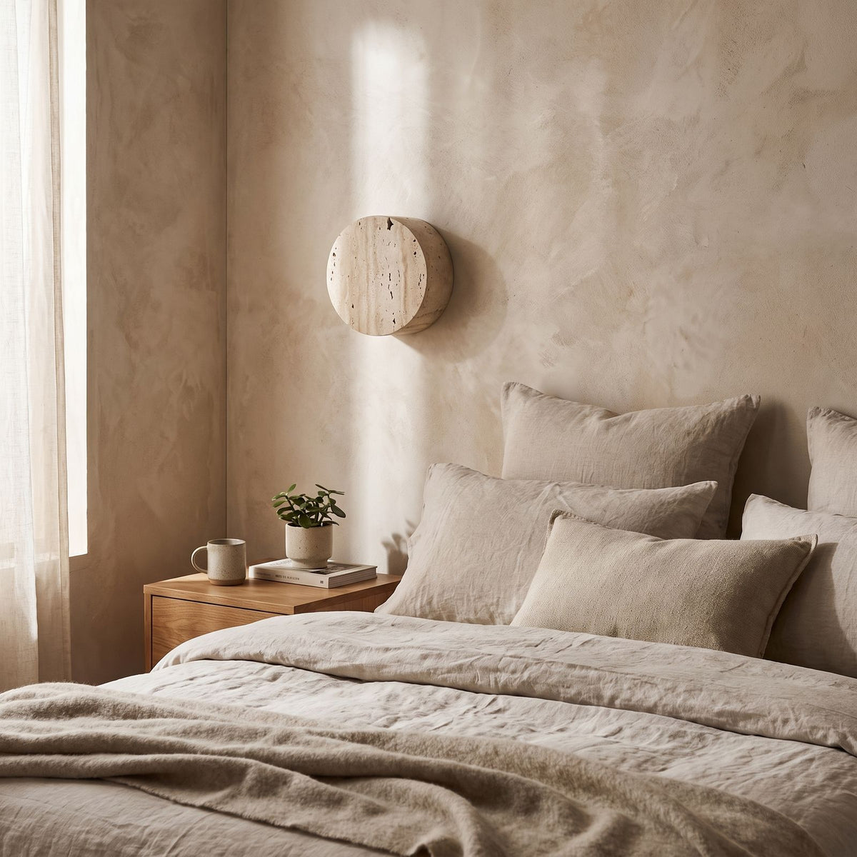 Travertine and Frosted Glass Up Down Wall Light on a bedroom wall beside the bed