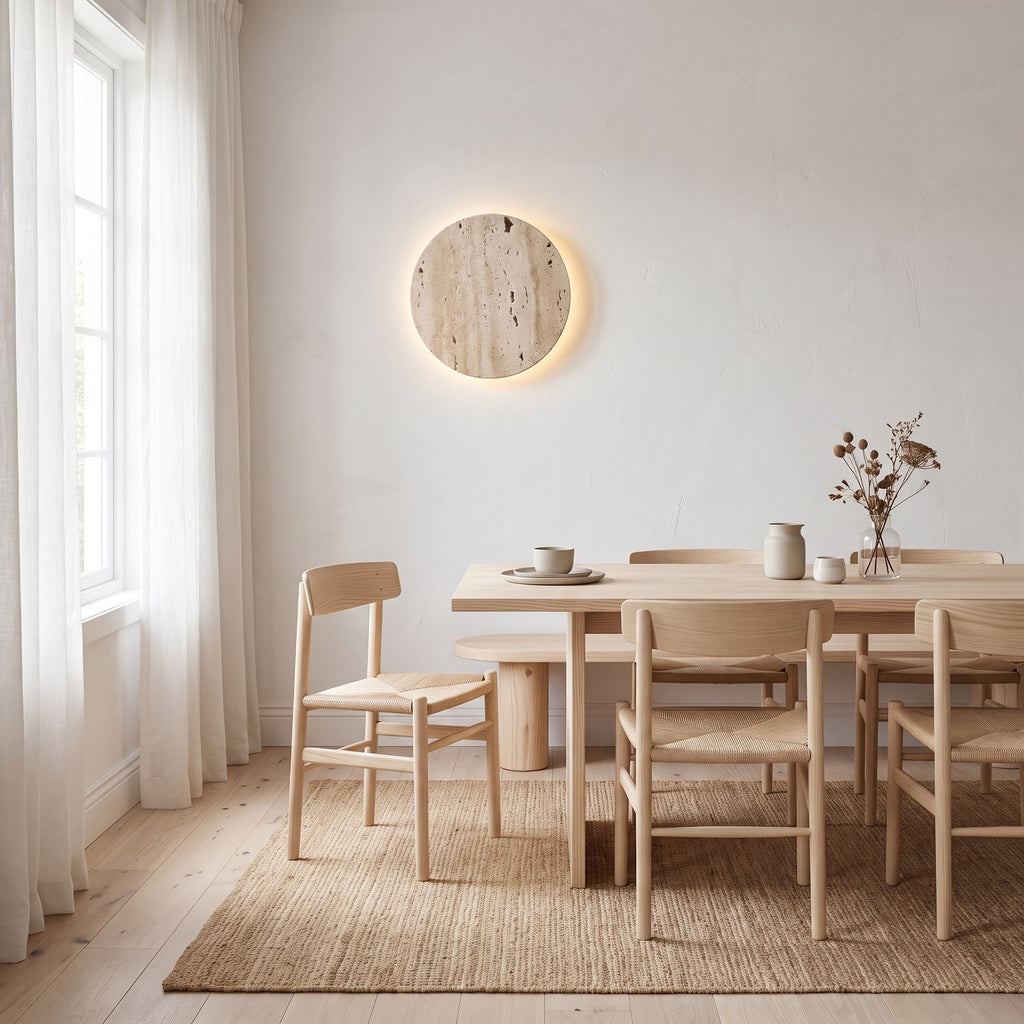 Travertine and Frosted Glass Up Down Wall Light on a dining room wall