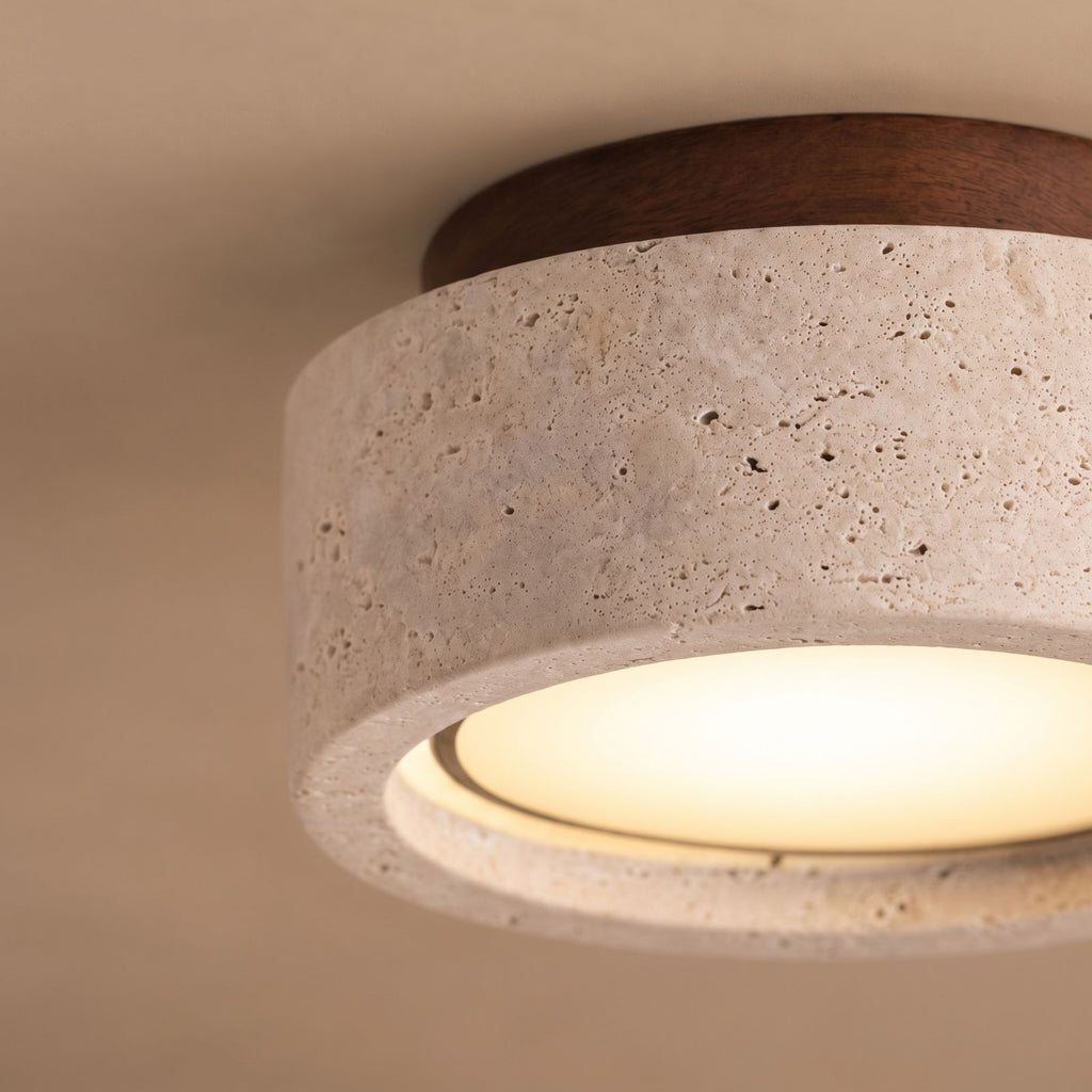 Travertine and Wood Drum Flush Mount Ceiling Light: close-up on a plain ceiling