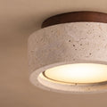 Travertine and Wood Drum Flush Mount Ceiling Light: close-up on a plain ceiling
