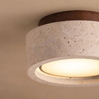 Travertine and Wood Drum Flush Mount Ceiling Light: close-up on a plain ceiling