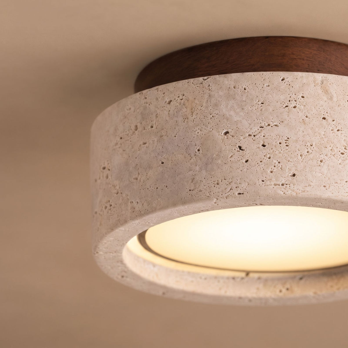 Travertine and Wood Drum Flush Mount Ceiling Light: close-up on a plain ceiling