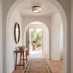 Travertine and Wood Drum Flush Mount Ceiling Light in a hallway