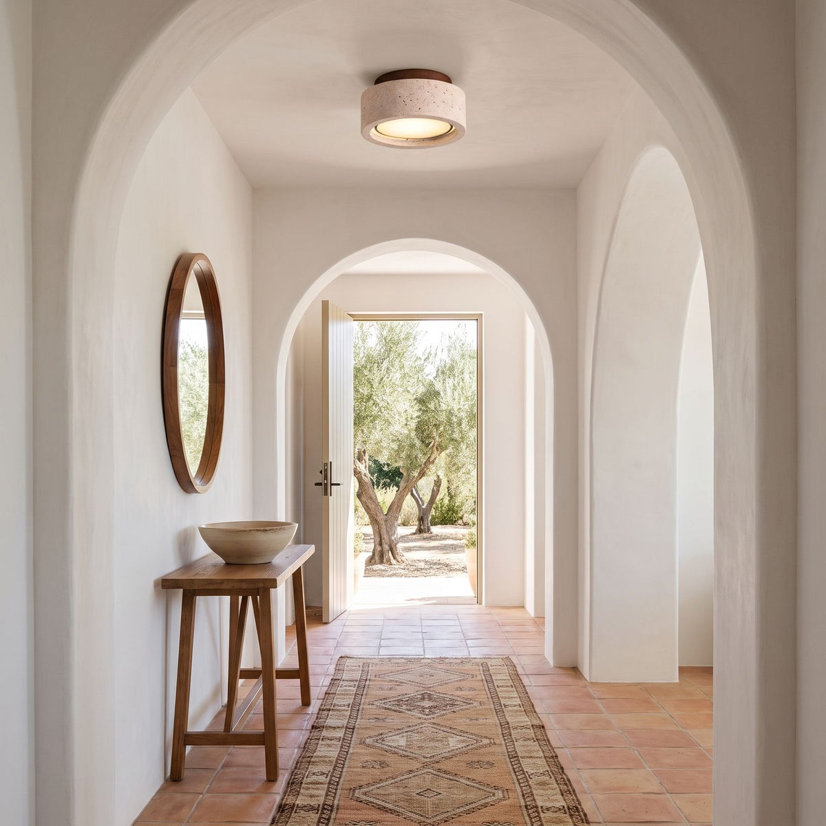 Travertine and Wood Drum Flush Mount Ceiling Light in a hallway
