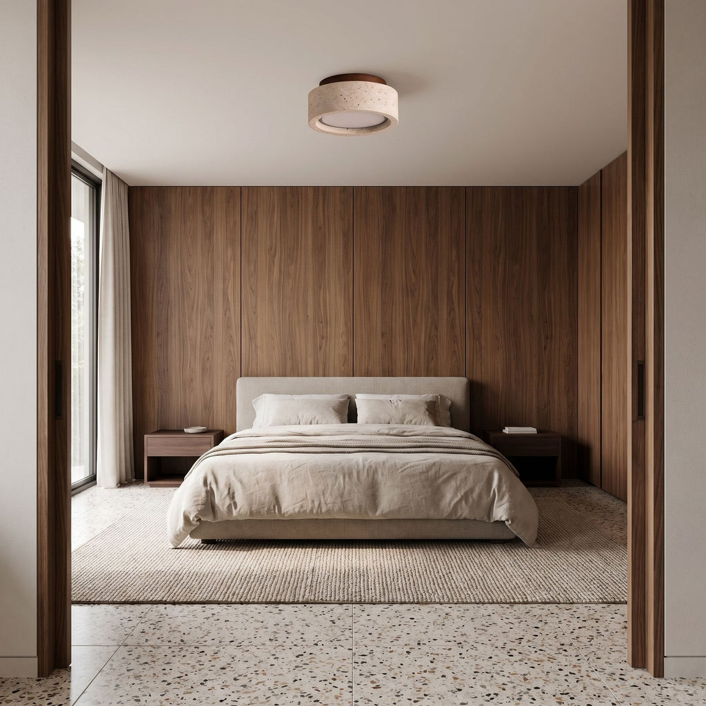 Travertine and Wood Drum Flush Mount Ceiling Light in a bedroom, wide view
