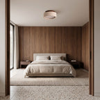 Travertine and Wood Drum Flush Mount Ceiling Light in a bedroom, wide view