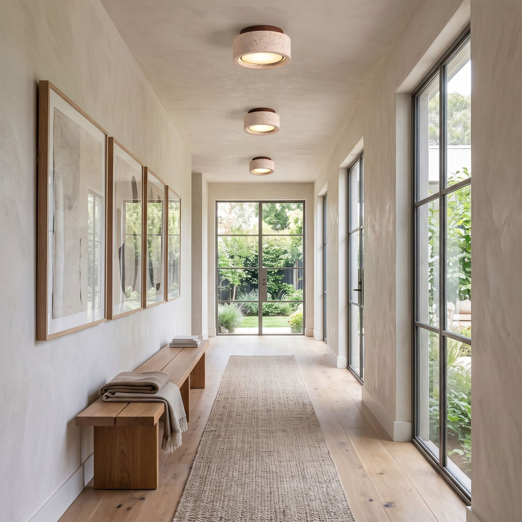 Travertine and Wood Drum Flush Mount Ceiling Light: three along a hallway ceiling