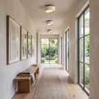 Travertine and Wood Drum Flush Mount Ceiling Light: three along a hallway ceiling