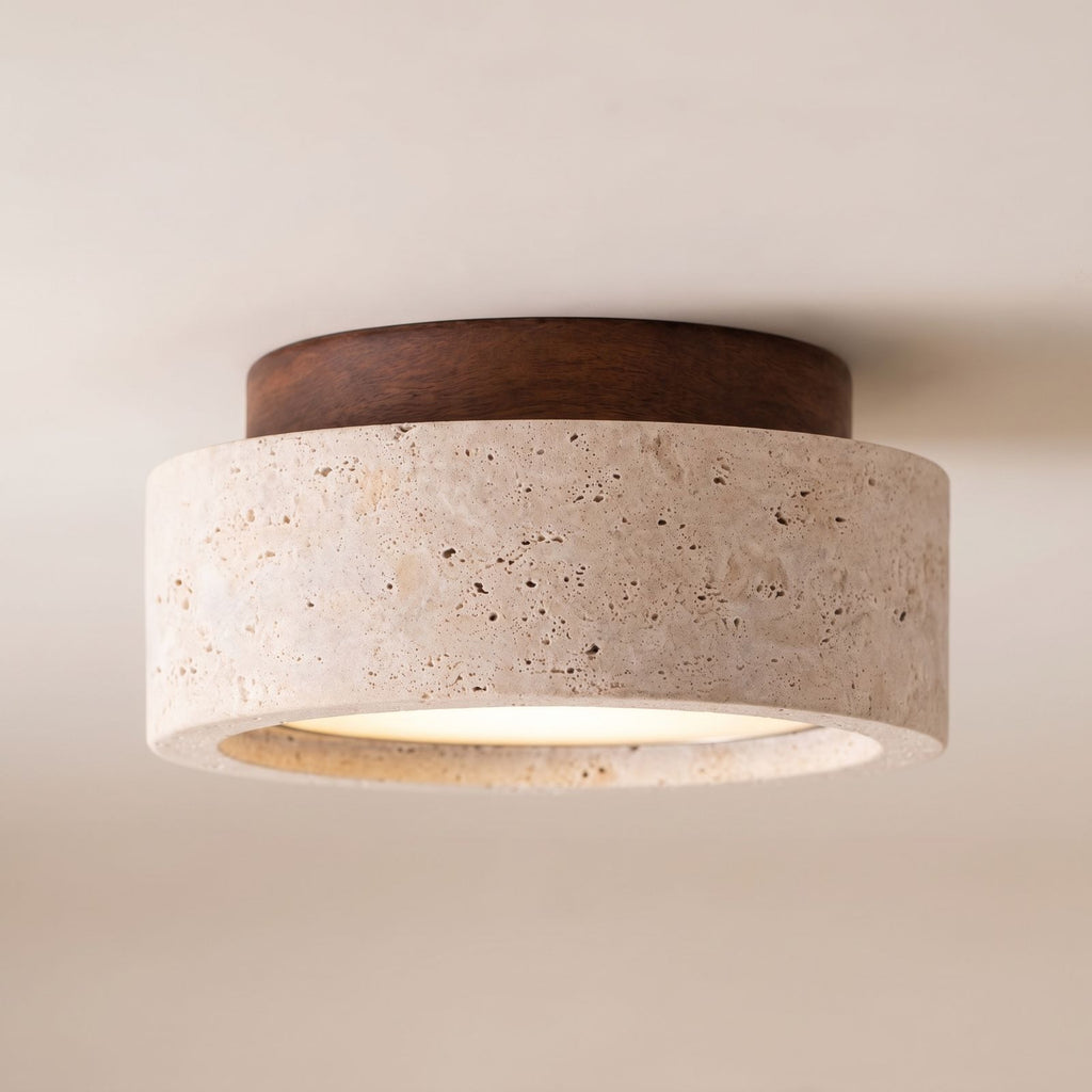 Travertine and Wood Drum Flush Mount Ceiling Light: side view of the materials and finish