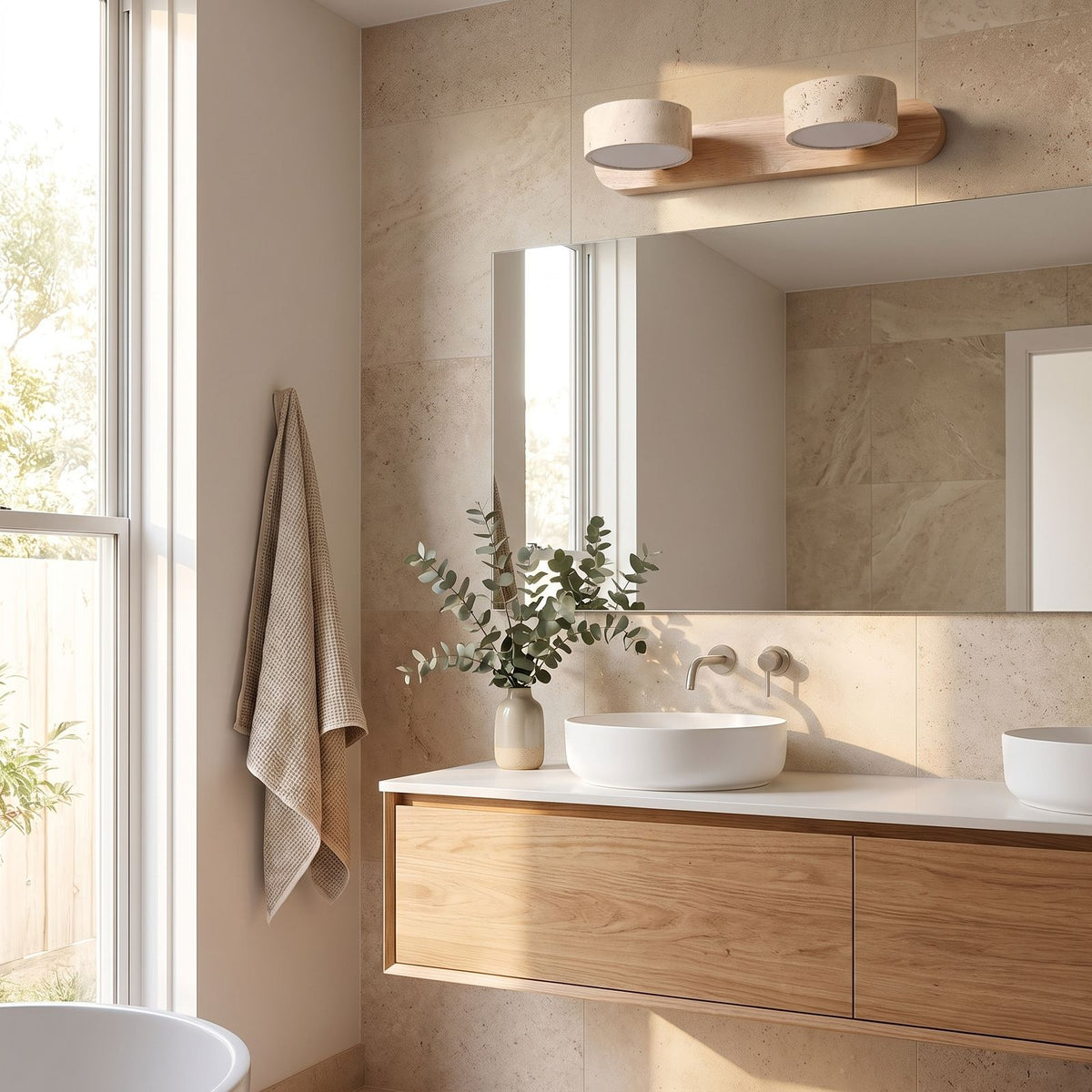 Travertine and Wood LED Vanity Wall Light on a bedroom wall beside the bed