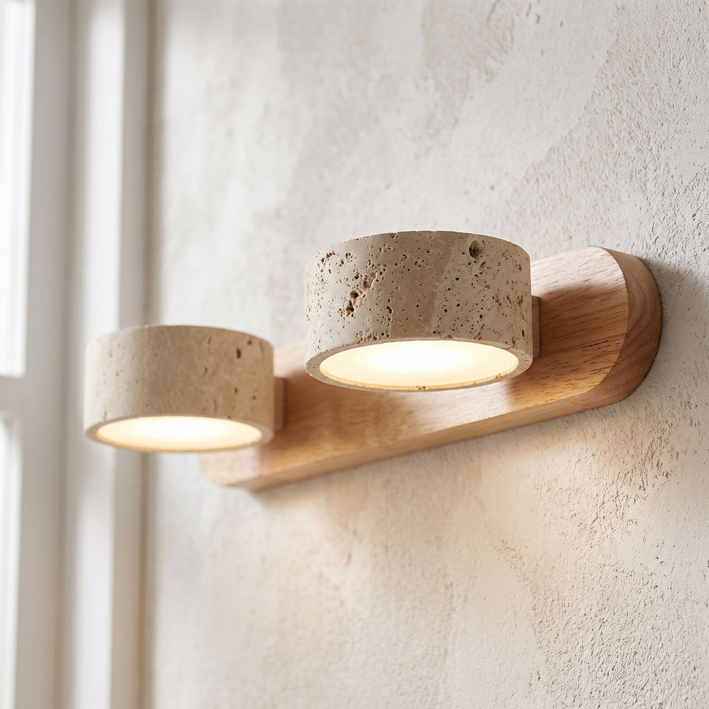 Travertine and Wood LED Vanity Wall Light, close view at 45 degrees on a plaster wall