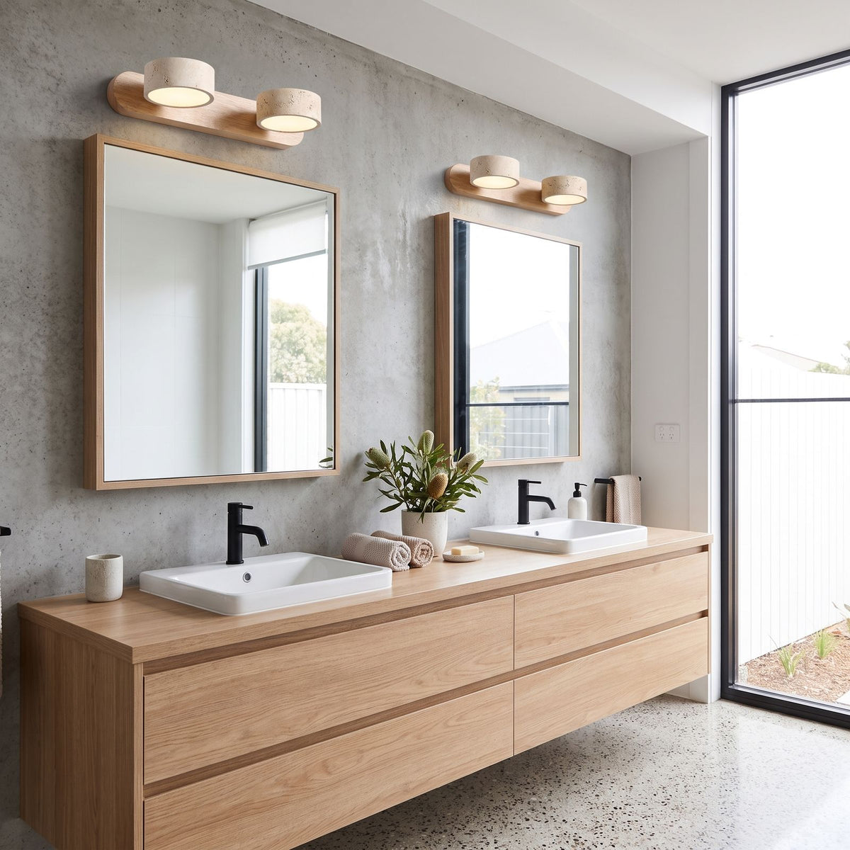 Travertine and Wood LED Vanity Wall Light in a pair on a wall of an Australian home