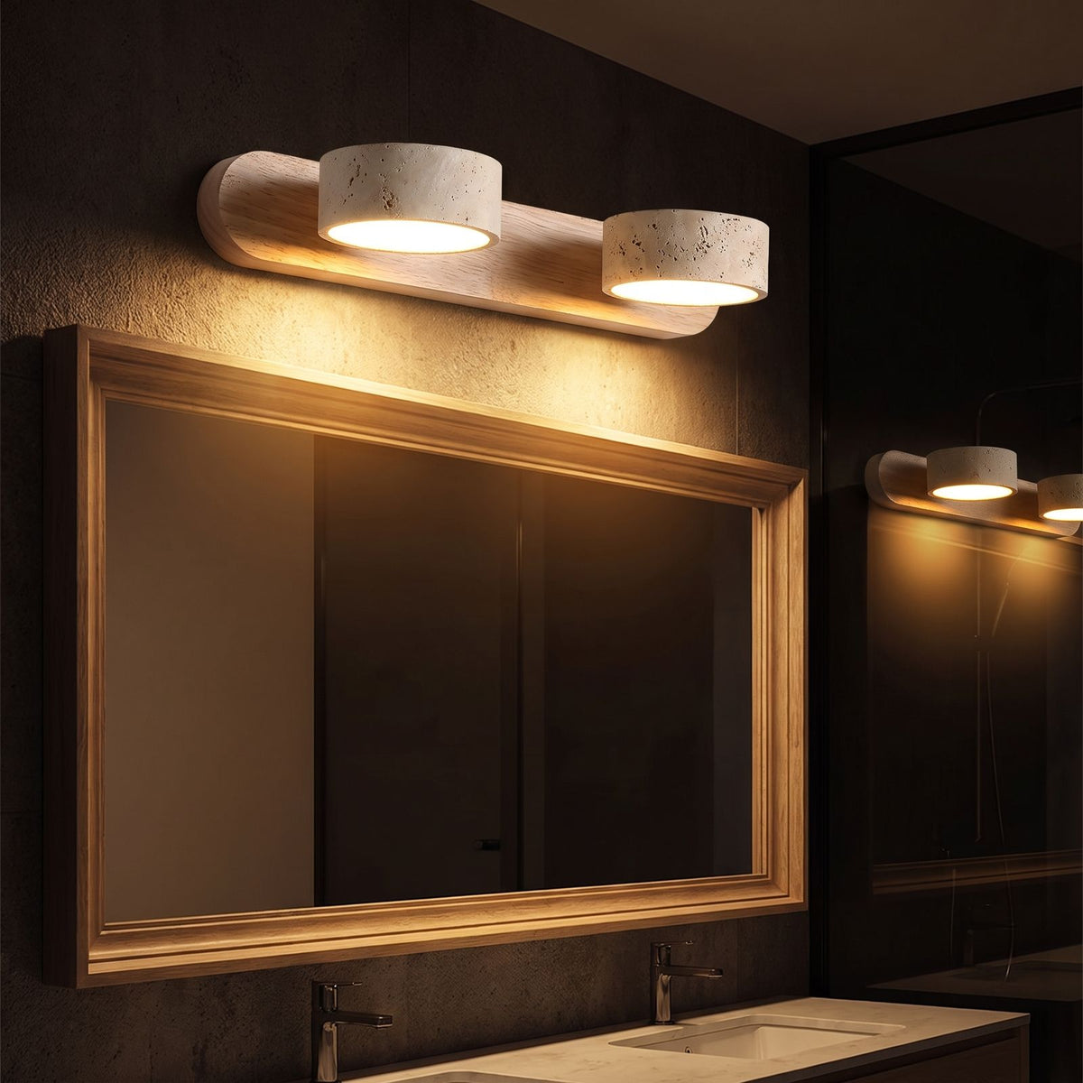 Travertine and Wood LED Vanity Wall Light glowing on a plaster wall at night