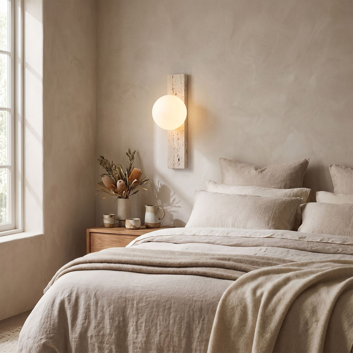 Travertine Bar and White Globe Wall Light on a bedroom wall beside the bed