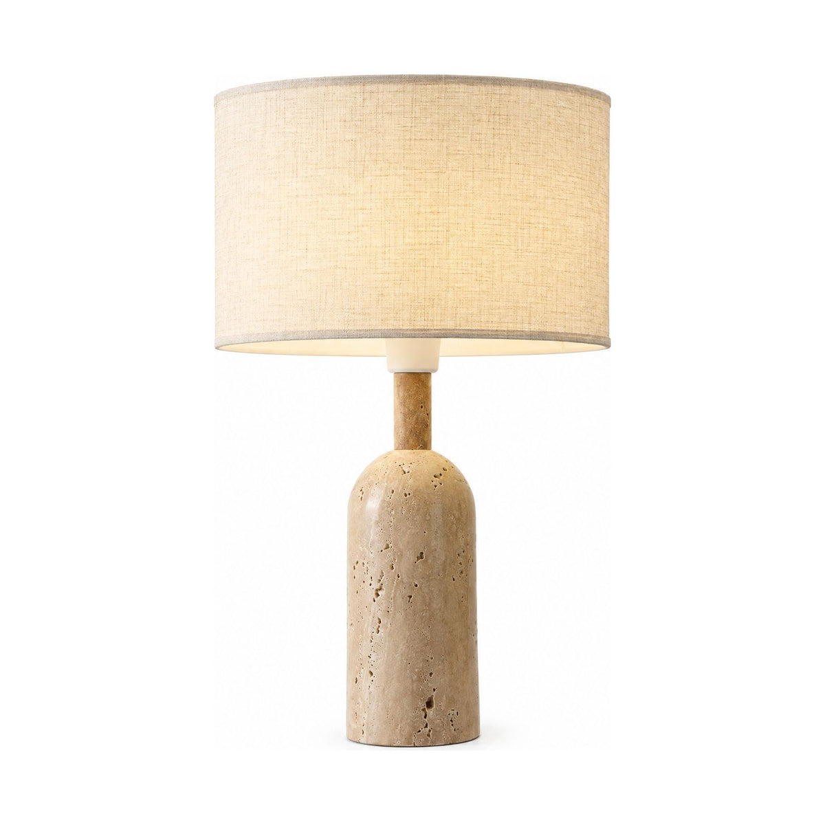 Travertine Base Fabric Shade Table Lamp on a white background