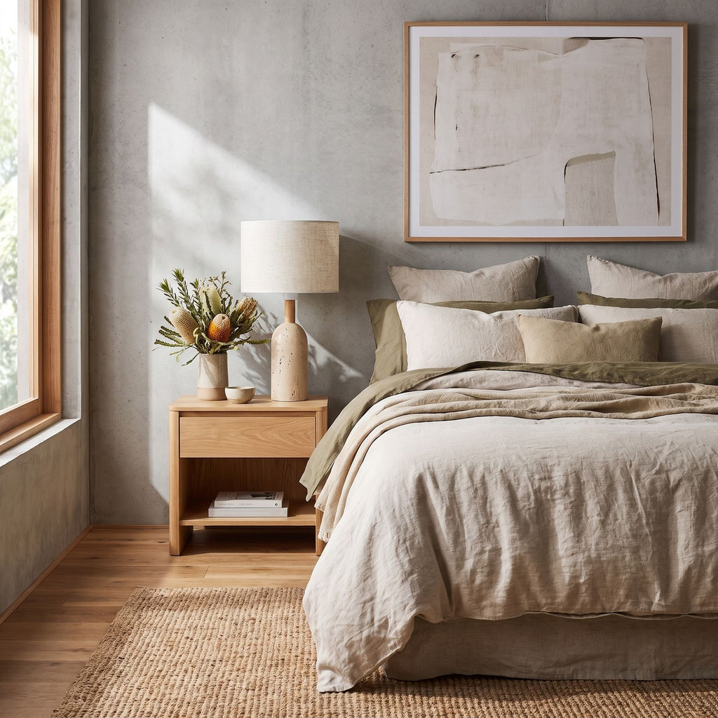 Travertine Base Fabric Shade Table Lamp on a bedside table