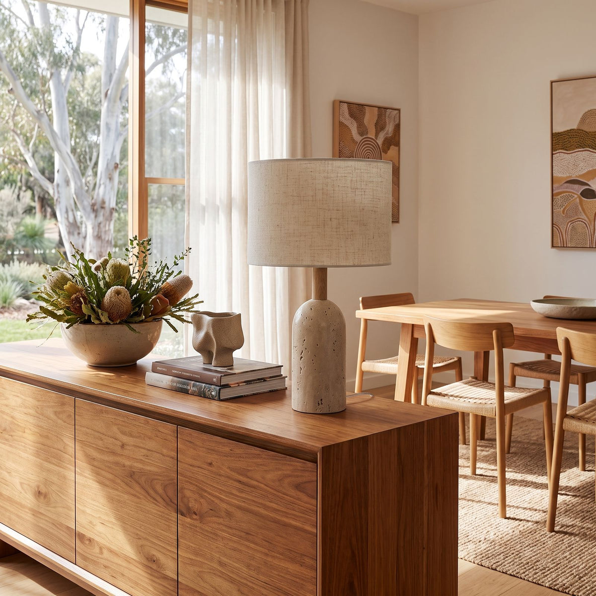 Travertine Base Fabric Shade Table Lamp on a timber sideboard in a dining room