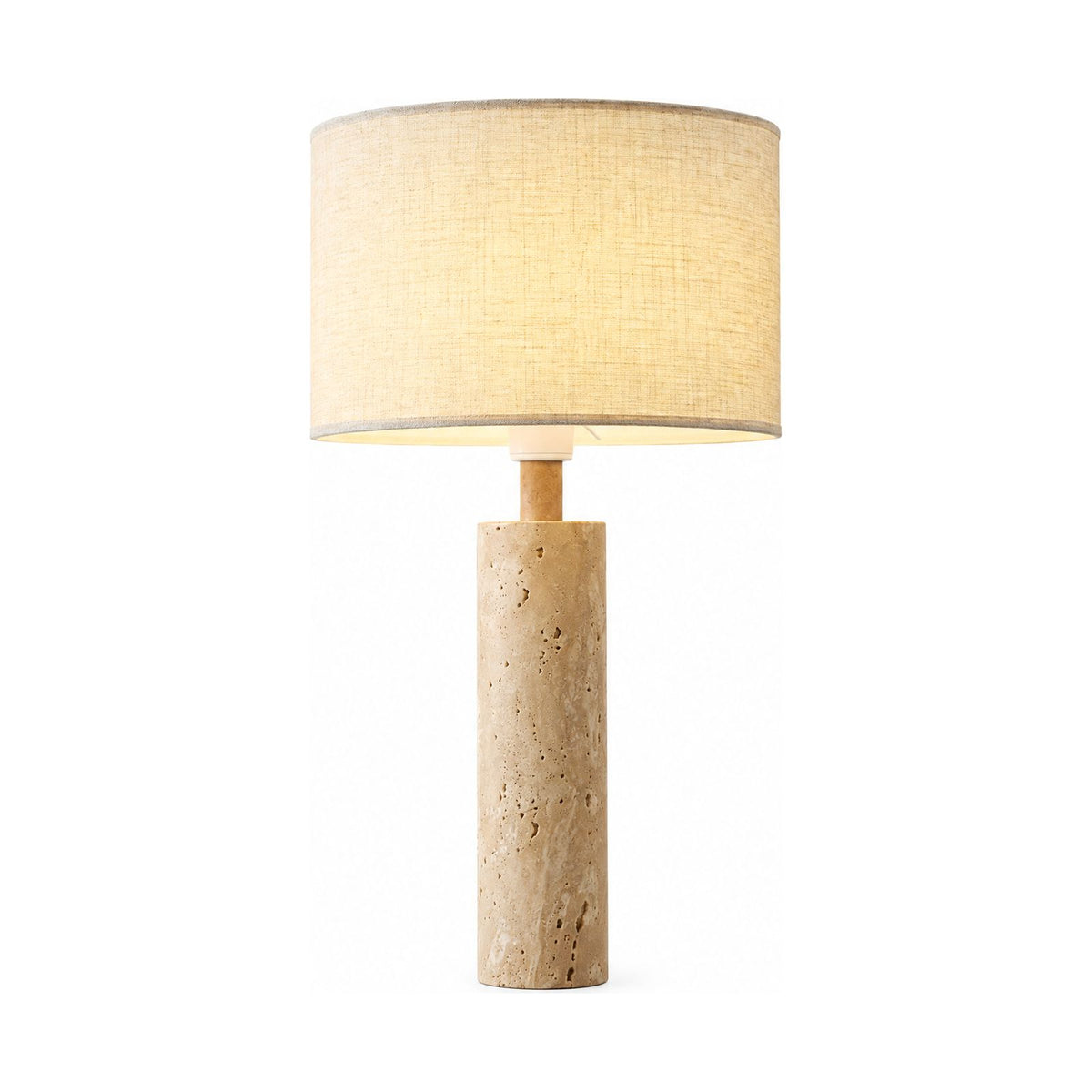 Travertine Base Fabric Shade Table Lamp with the column base on a white background