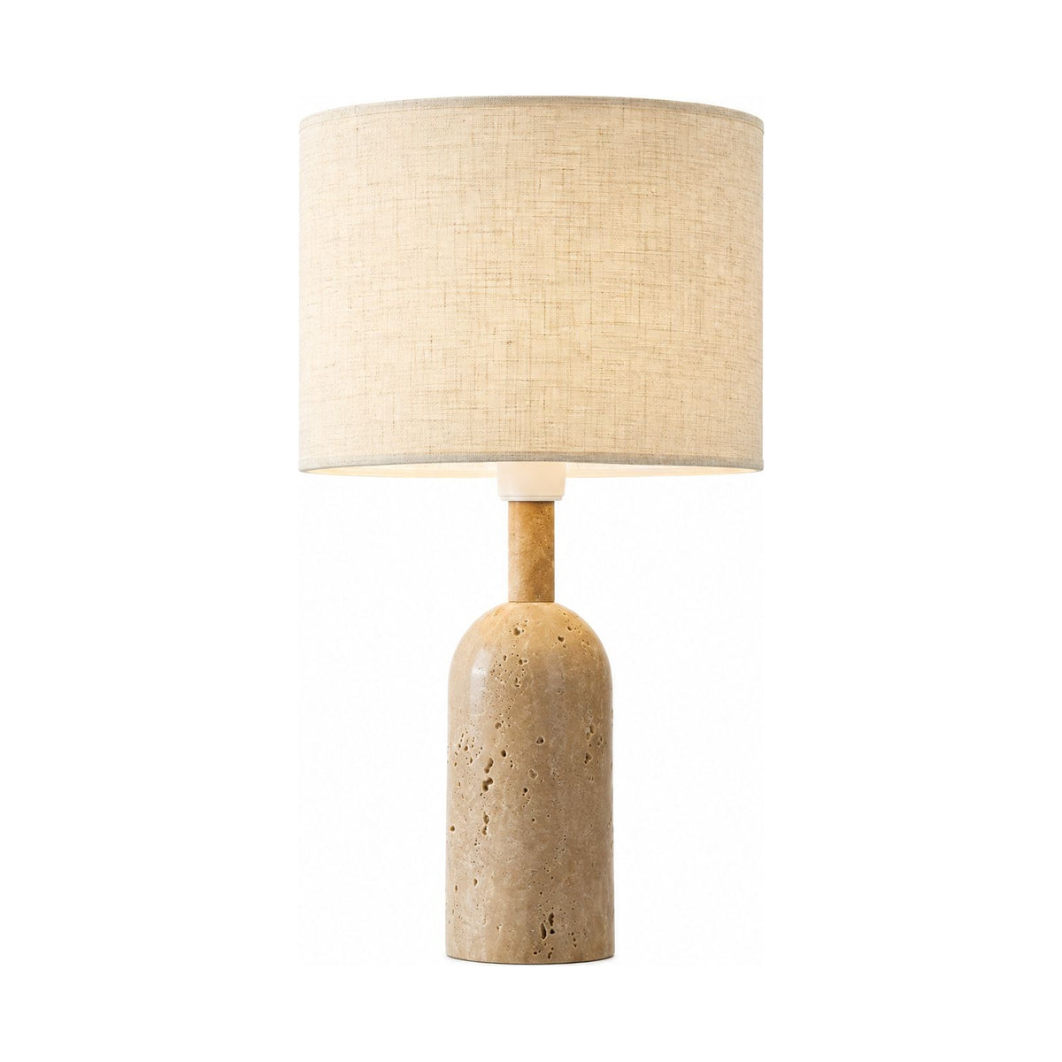 Travertine Base Fabric Shade Table Lamp with the round shade on a white background