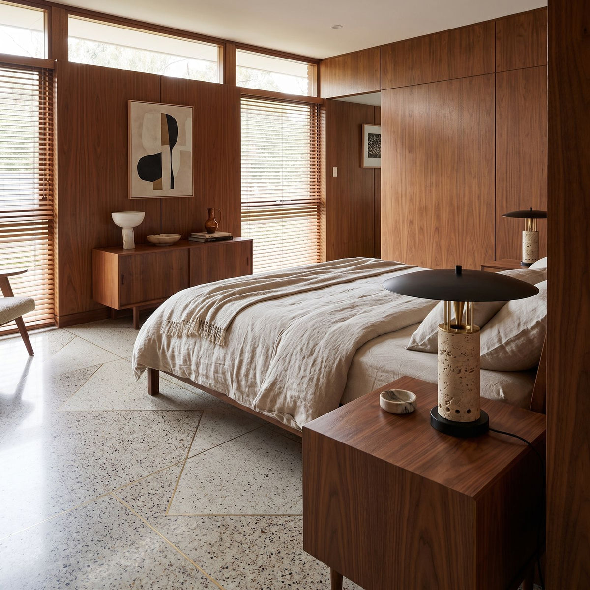Travertine Column Wide Disc Shade Table Lamp: a pair on matching bedside tables either side of a bed