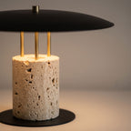Travertine Column Wide Disc Shade Table Lamp: close-up of the materials and finish
