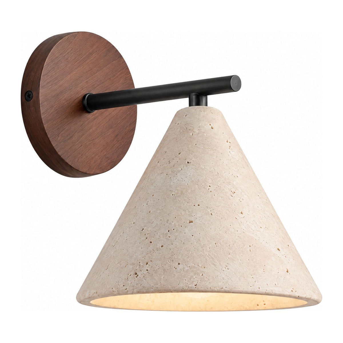 Travertine Cone and Wood Wall Light on a white background
