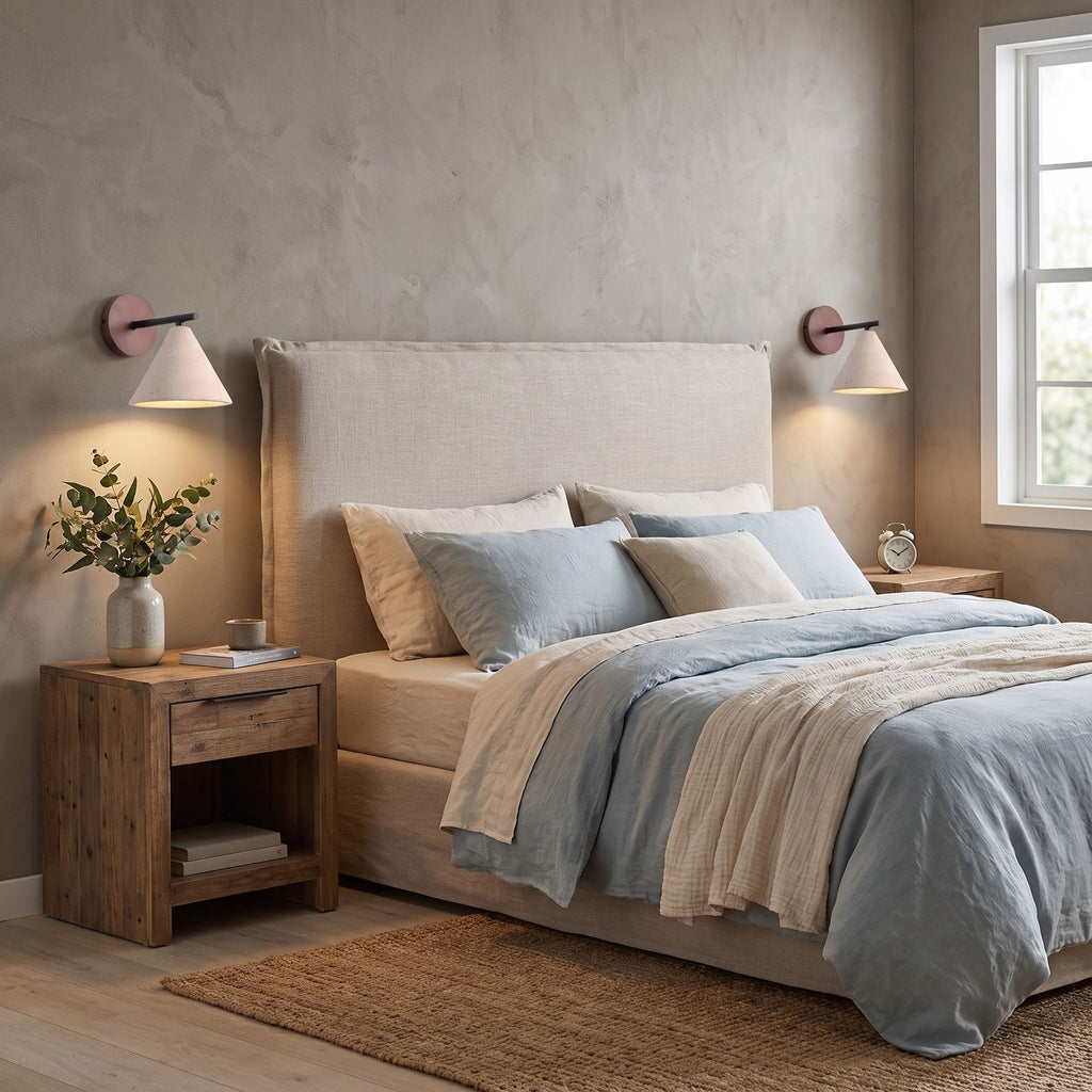 Travertine Cone and Wood Wall Light in a pair on a wall of an Australian home