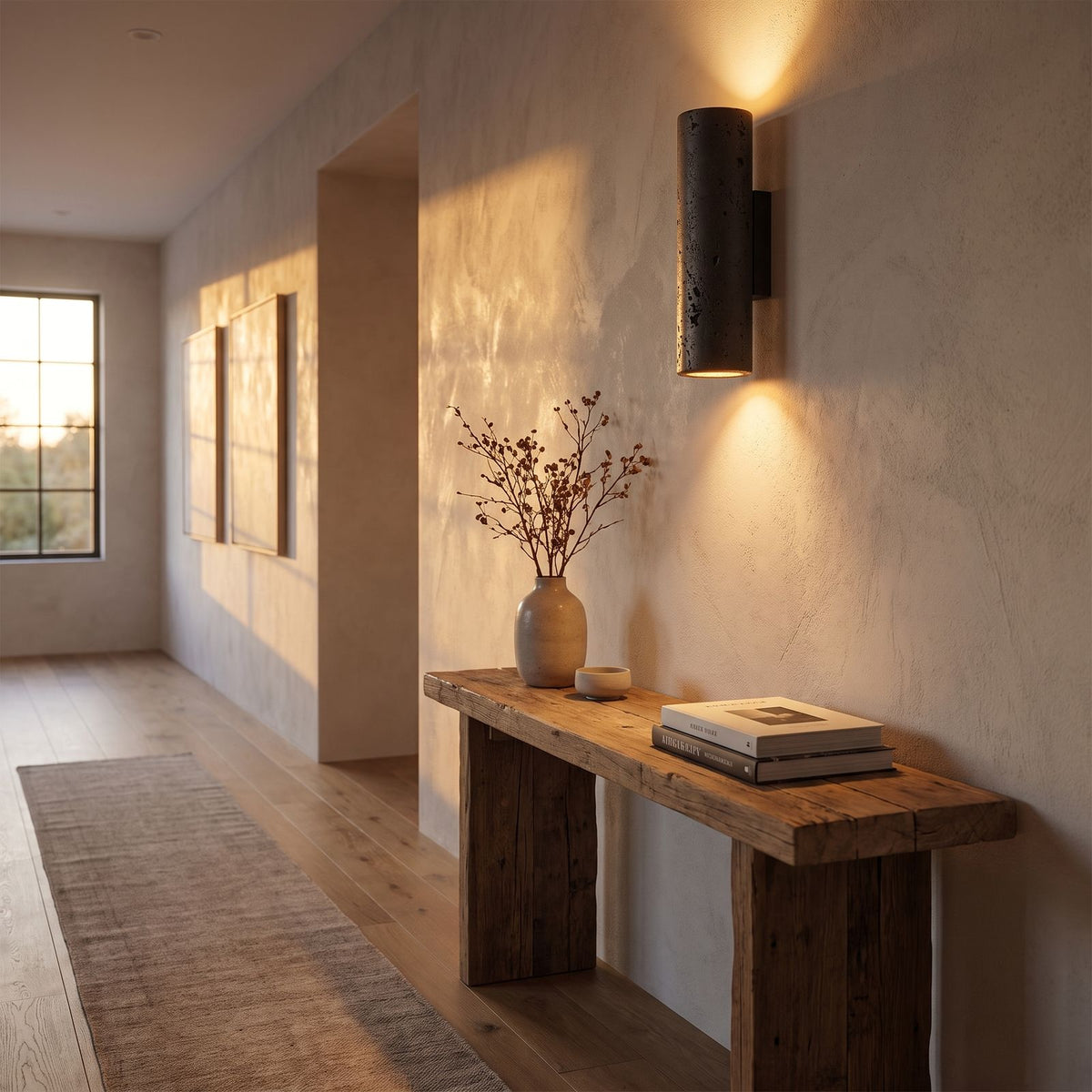 Travertine Cylinder Integrated LED Wall Light in a hallway above a timber console
