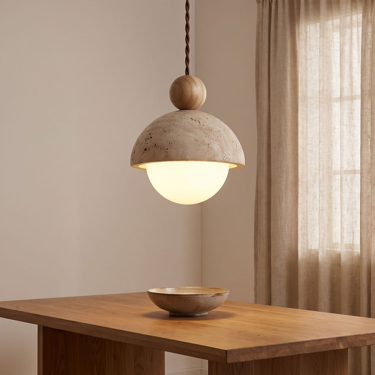 Travertine Dome and Glass Globe Pendant Light above a dining table