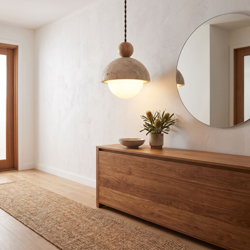 Travertine dome and glass globe pendant light above an entry hall console