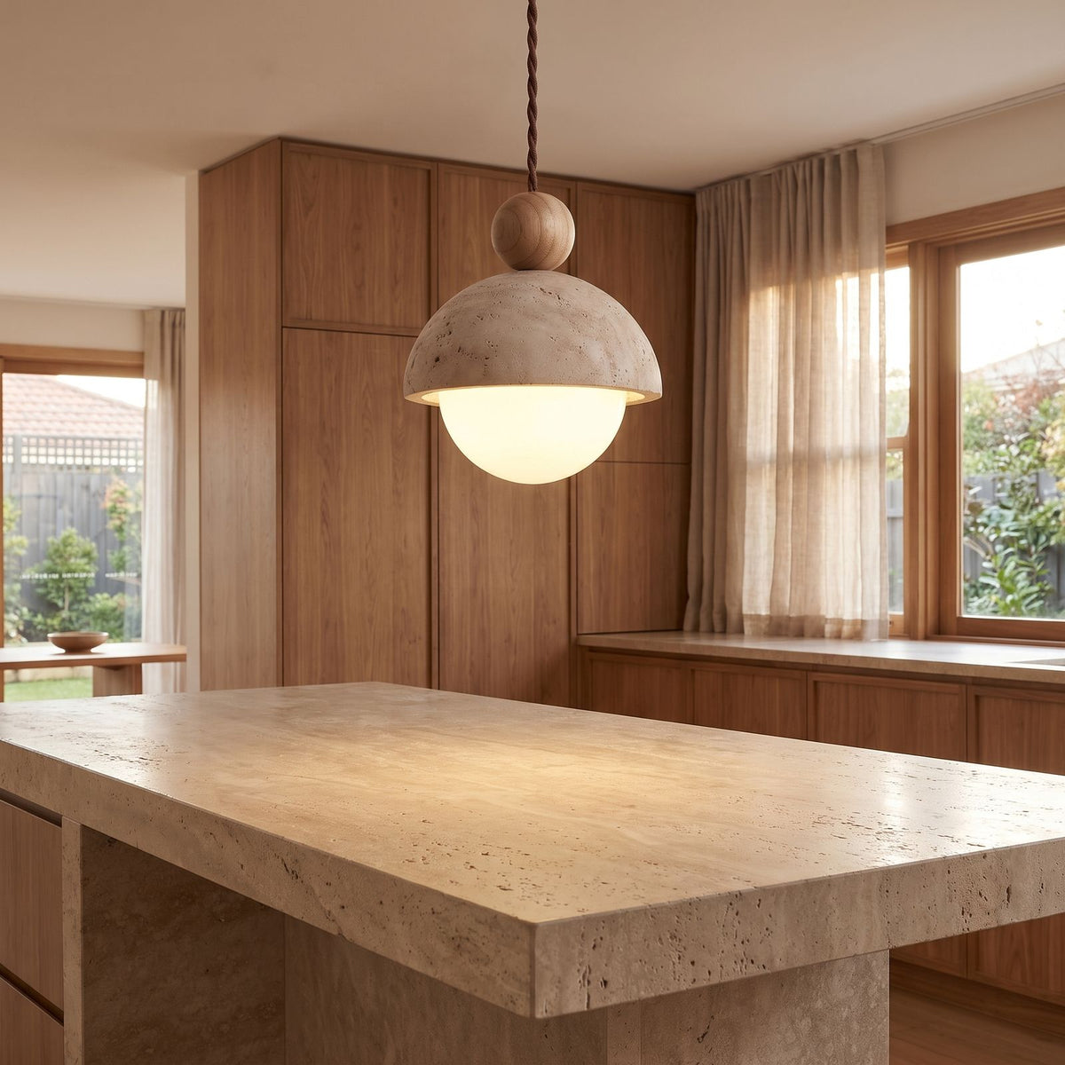 Travertine dome and glass globe pendant light over a kitchen island bench