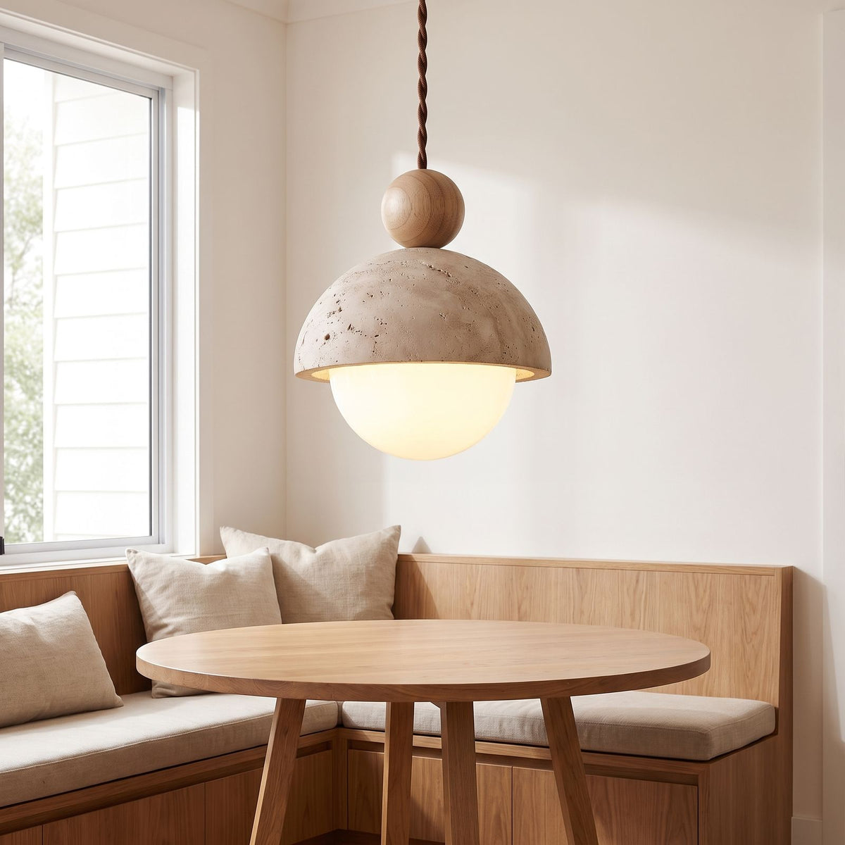 Travertine dome and glass globe pendant light over a breakfast nook table