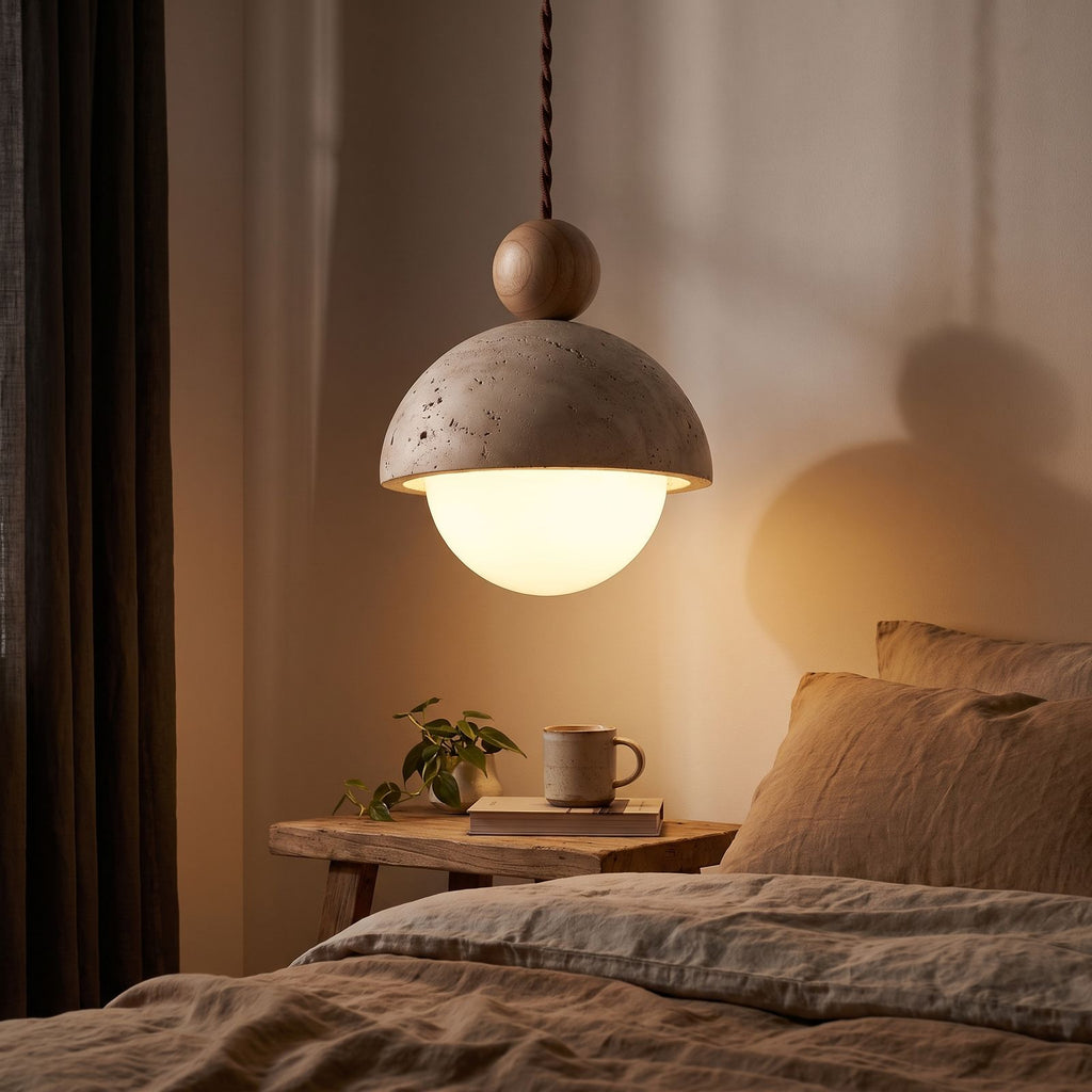 Travertine dome and glass globe pendant light over a bedside table at night