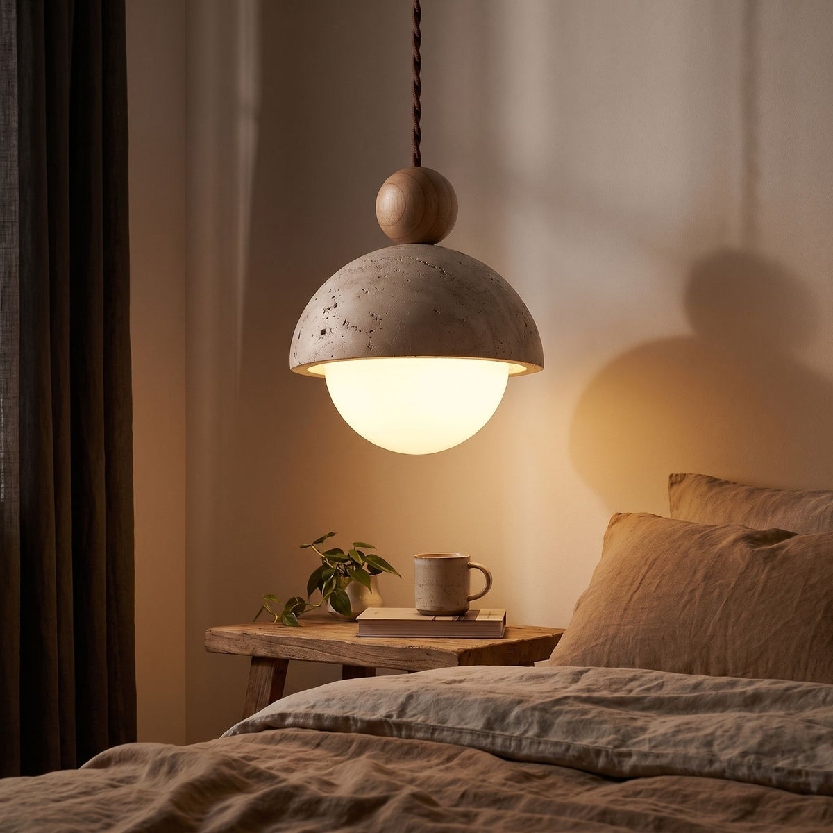 Travertine dome and glass globe pendant light over a bedside table at night
