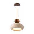 Travertine Donut and Wood Ball Pendant Light on a white background