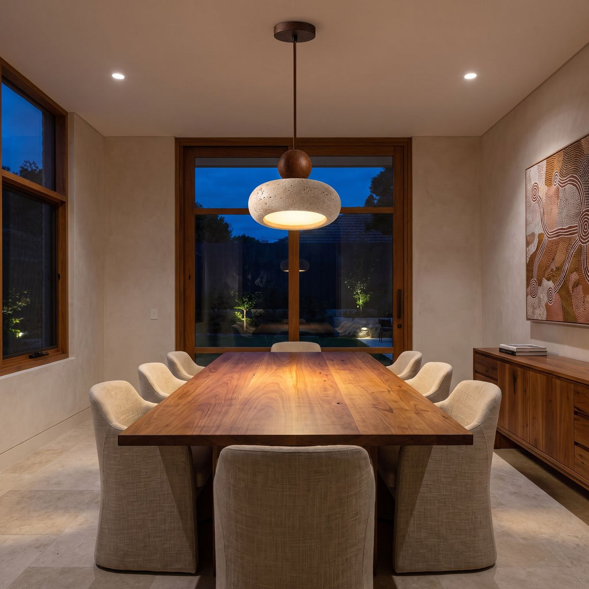 Travertine Donut and Wood Ball Pendant Light above a timber dining table