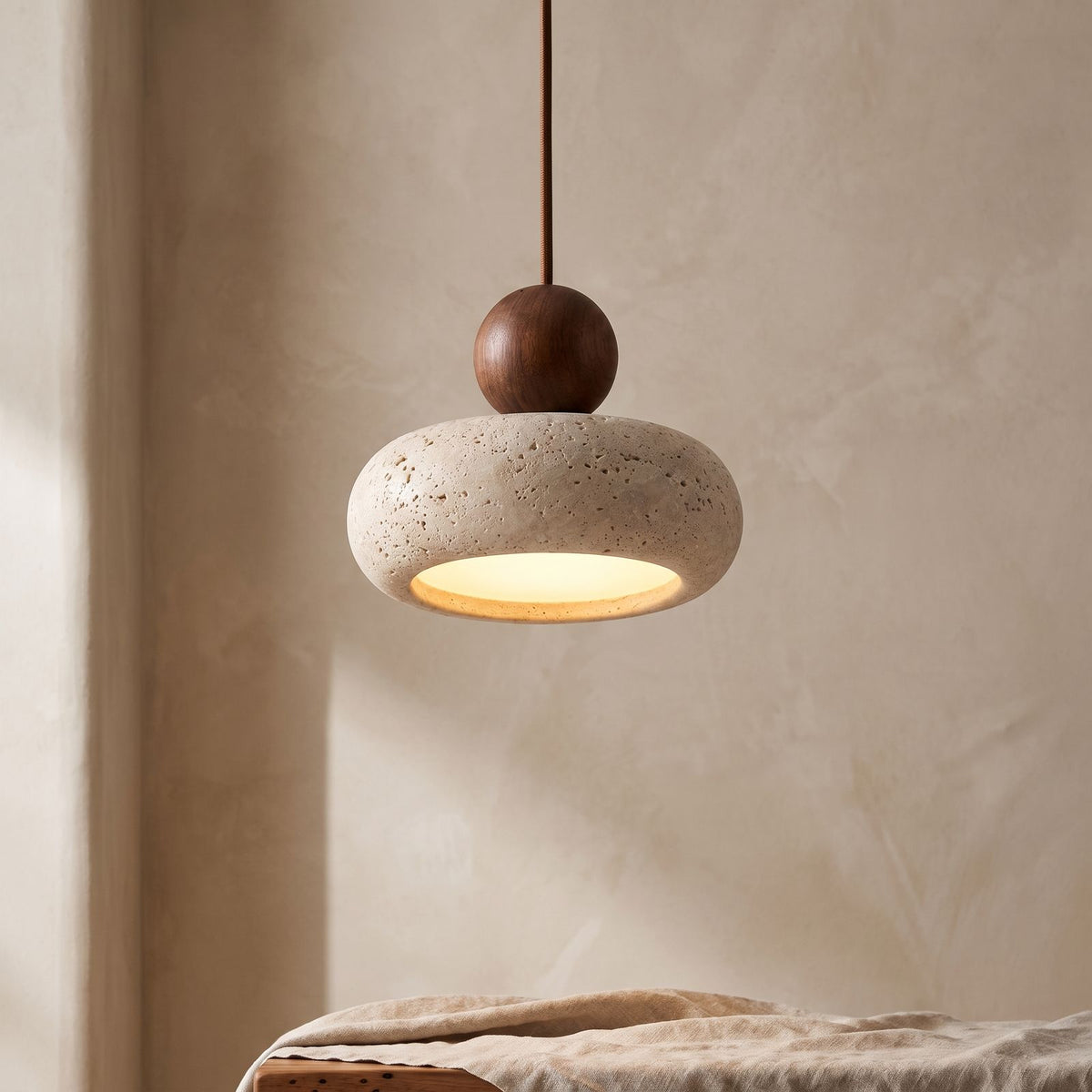 Travertine Donut and Wood Ball Pendant Light, close view from below