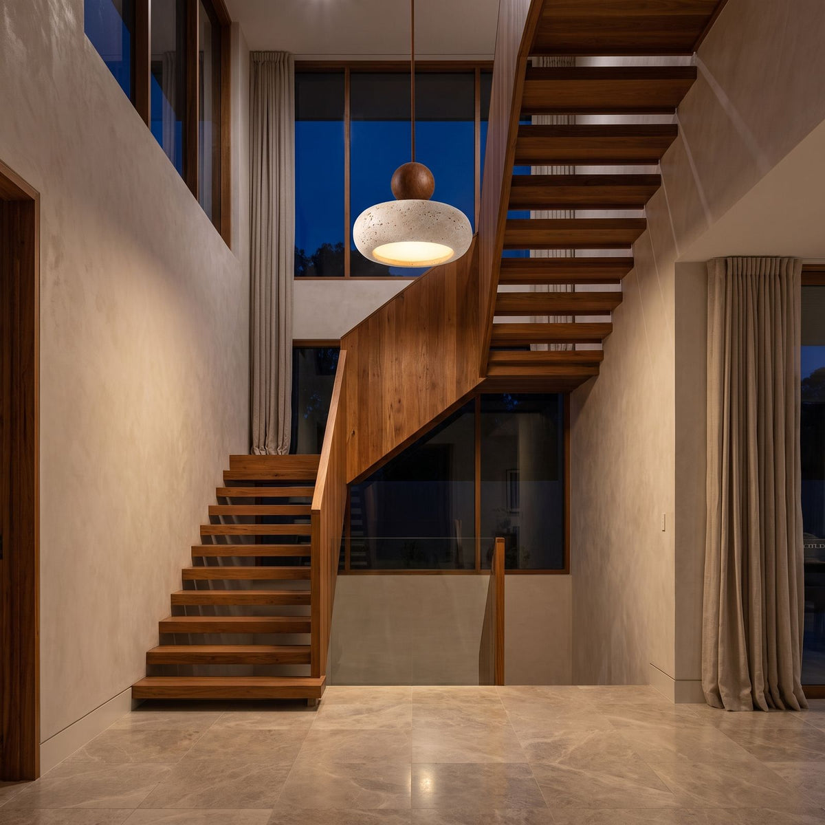 Travertine Donut and Wood Ball Pendant Light in a double-height entry foyer