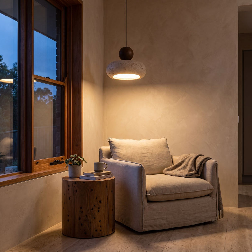 Travertine Donut and Wood Ball Pendant Light above an armchair in a reading corner