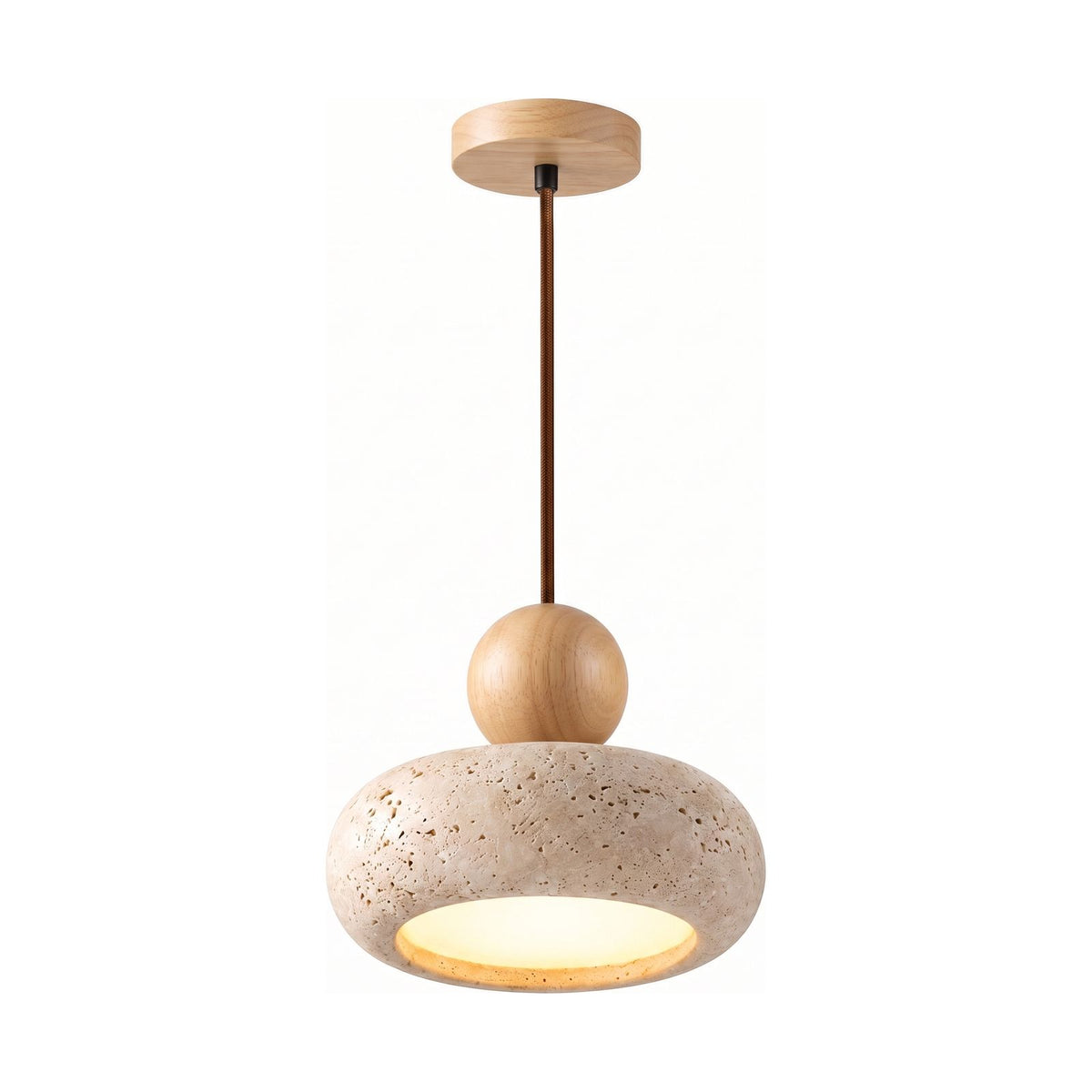 Travertine Donut and Wood Ball Pendant Light with natural wood ball on a white background